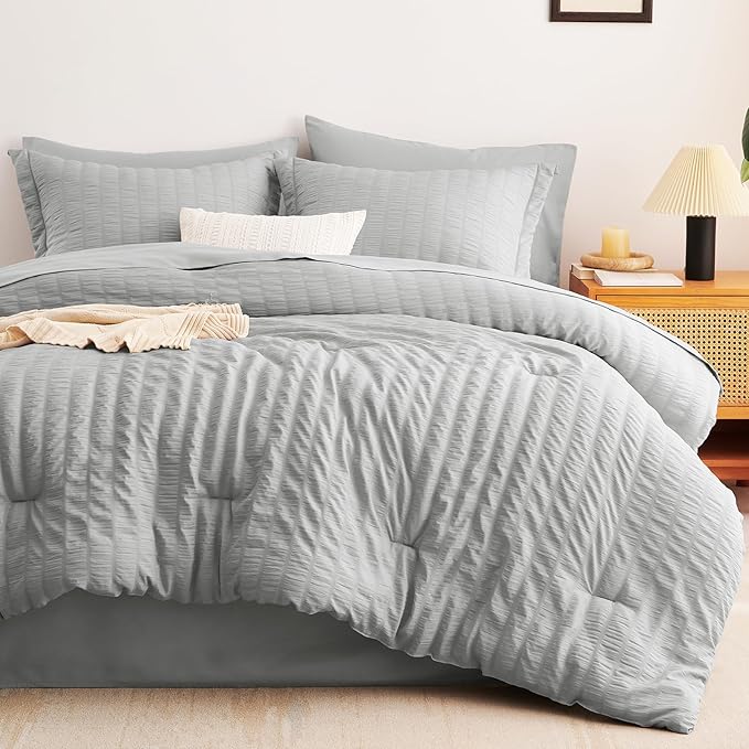 CozyLux Queen Comforter Set Light Grey Seersucker 7 Pieces Bed in a Bag Queen Comforter Set with Sheets Luxury Soft Bedding Set with Down Alternative Comforter, Sheets, Pillowcases & Shams All Seasons