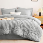 CozyLux Queen Comforter Set Light Grey Seersucker 7 Pieces Bed in a Bag Queen Comforter Set with Sheets Luxury Soft Bedding Set with Down Alternative Comforter, Sheets, Pillowcases & Shams All Seasons