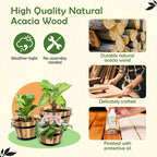 Idzo Set of 3 Wooden Flower Boxes Outdoor, Durable Acacia Wood Barrel Planters for Outdoor Plants with Ergonomic Handles, Drainage Holes, Multiple Sizes Wood Bucket Planter for Home Decor