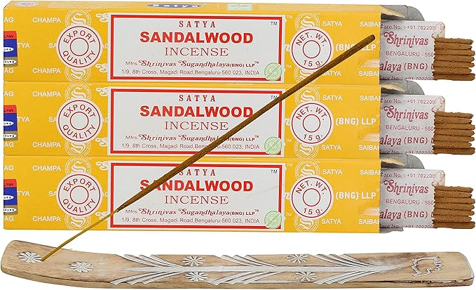Satya Nagchampa Sandalwood Incense Sticks, Satya Bng (Bangalore) Insenses 15gmx3 Pack (45 GMS) with Raajsee Incense Holder Bundle, Satya Nagchampa Natural Incense