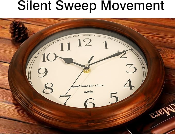 Wooden Wall Clock with Retro Design, 11 Inches Round Wall Clocks Battery Operated Silent Non-Ticking, Big Arabic Numerals, for Kitchen Living Room Classroom Gym and Pool, Brown