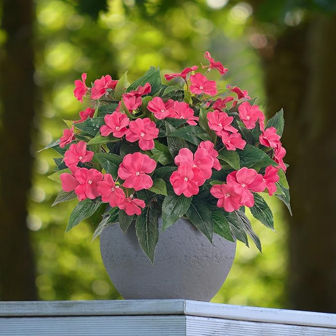 Artificial Impatiens Bouquet Flowers for Outdoors Silk Faux Flowers for Outdoor Impatiens Plants Decor Indoor Planters Kitchen Planters and Balcony Decorations 2PCS（Rose Red）