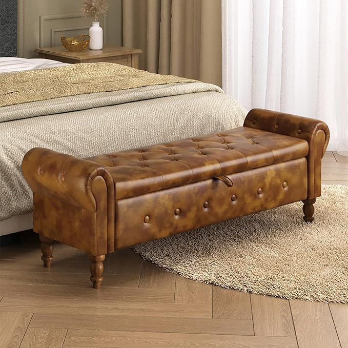 Storage Ottoman Bench for Bedroom, 52" Leather End of Bed with Rolled Arms, Upholstered Ottoman Fit for Living Room, Entryway, Faux Leather Brown
