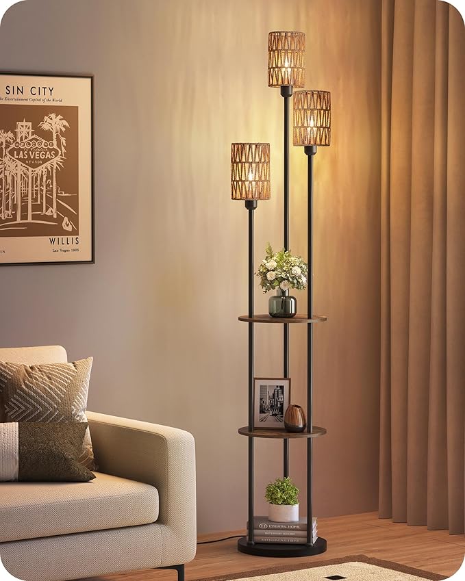 Floor Lamp with Shelves, Boho Floor Lamp with Foot Switch, 3-Light Standing Lamp, for Living Room, Bedroom, Study, Rustic Brown and Yellow YF53LD05 ﻿