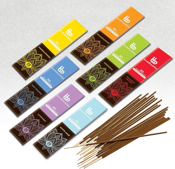 Mecka Buddha Bliss Incense Sticks - Set of 7 | 140 Sticks for Aromatherapy & Relaxation - Nag Champa, Frankincense, Sandalwood, White Sage Inscent | Natural Non Toxic Premium Long Burn Insenses