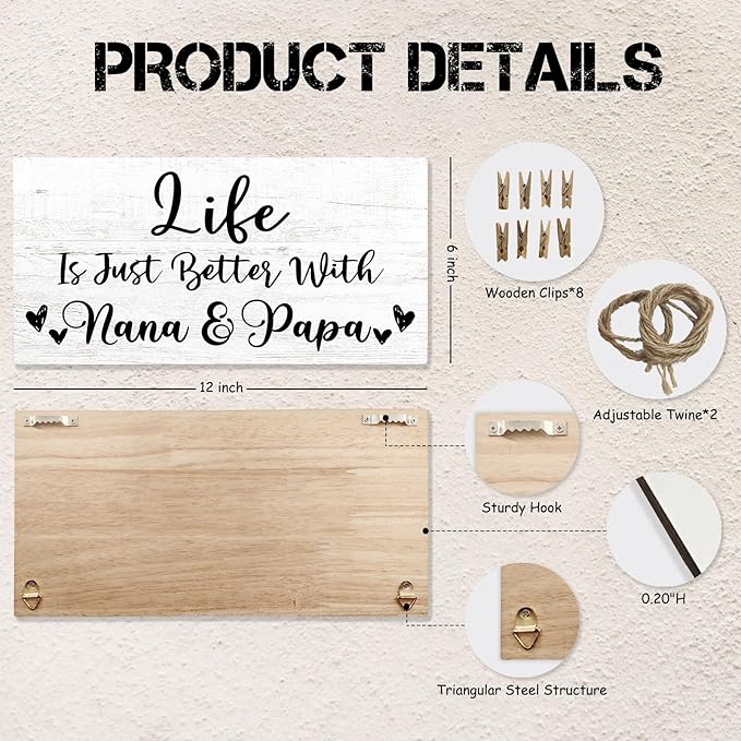 Grandparent Gifts Picture Frame Photo Holder for Wall, Nana Papa Gifts from Grandchildren Granddaughter Grandkids, Grandma Grandpa Gift, Grandparent's Day Hanging Photo Display