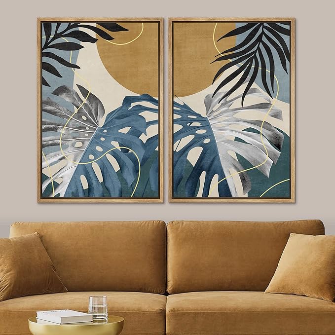 SIGNFORD Framed Canvas Print Wall Art Set Jungle Tropical Monstera Palm Leaf Abstract Shapes Illustration Modern Art Decorative Nordic Nature for Living Room, Bedroom, Office - 16"x24"x2 Natural
