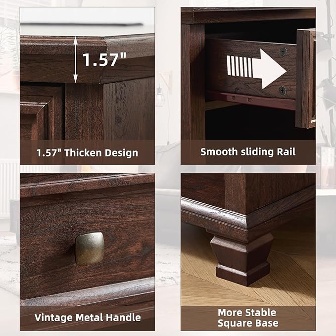 Farmhouse Side Table with Charging Station, Rustic Wood End Table with Drawer, Small Nightstand with Open Shelf for Bedroom, End Tables for Living Room, Walnut