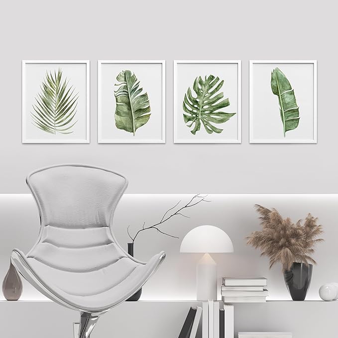 SIGNWIN Framed Banana Palm Monstera Leaf Wall Art, Set of 4 Green Pastel Wall Decor Prints, Nature Wilderness Wall D¨¦cor for Living Room, Bedroom - 12"x16" White