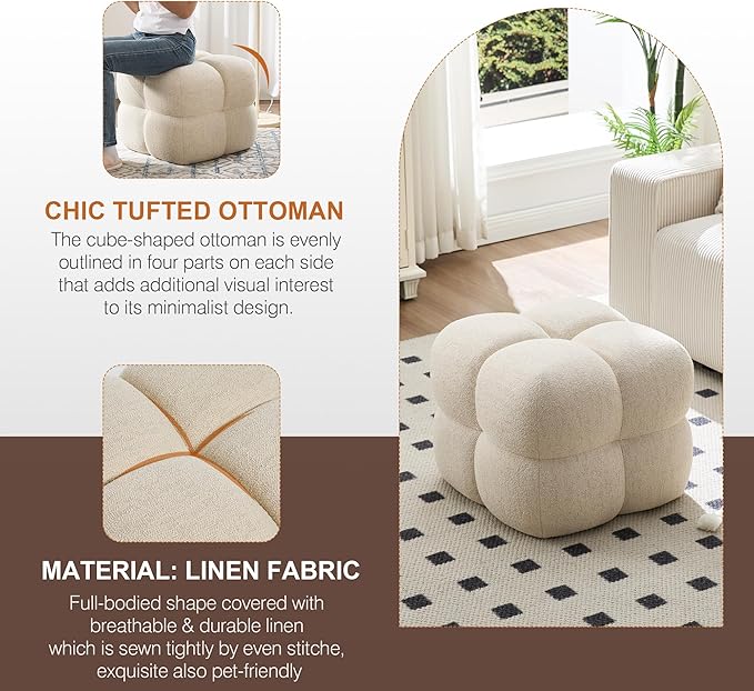 Zesthouse Square Pouf Ottoman Footstool, Modern Ottoman Coffee Table for Living Room, Beige Linen Stool Foot Rest, Upholstered Poofy Stool for Couch, Cute Vanity Chair Backless for Makeup Room Bedroom