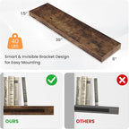 Floating Shelves for Wall, 36"W x 8"D x 1.5"H, Wooden Wall Mounted Display Shelves with Invisible Brackets for Living Room, Bedroom, Bathroom, Kitchen Decor and Storage, Set of 2, Rustic Brown