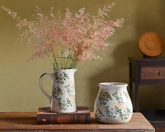 Ceramic Vintage Flower Vase with Handle, Chinoiserie Floral Pitcher Vase for Home Decor, Decorative Vases for Centerpiece Table Decorations, Green and White Vases for Living Room Kitchen Shelf Decor