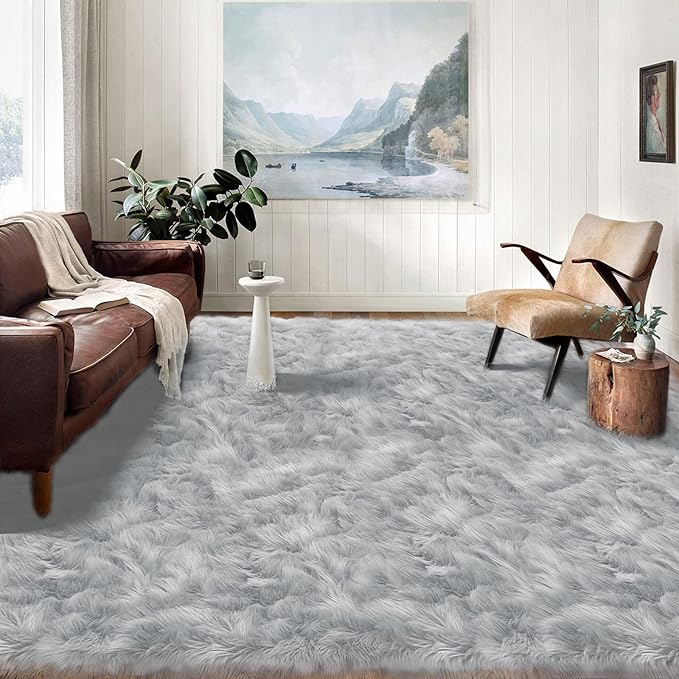 Latepis Washable Area Rugs 9x12 Living Room Gray Fur Rug Super Large Faux Sheppskin Rug Fluffy Rugs for Bedroom Office Home Décor Rectangle