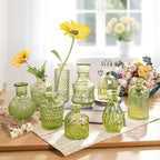 Embossed Bud Vases Set of 24, Vintage Flower Vase Green Glass Mini Vases for Centerpieces, Decorative Small Vase Bulk for Flowers, Wedding Table Decorations, Party, Baby Shower, Home Decor,