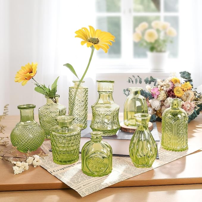 Embossed Bud Vases Set of 24, Vintage Flower Vase Green Glass Mini Vases for Centerpieces, Decorative Small Vase Bulk for Flowers, Wedding Table Decorations, Party, Baby Shower, Home Decor,