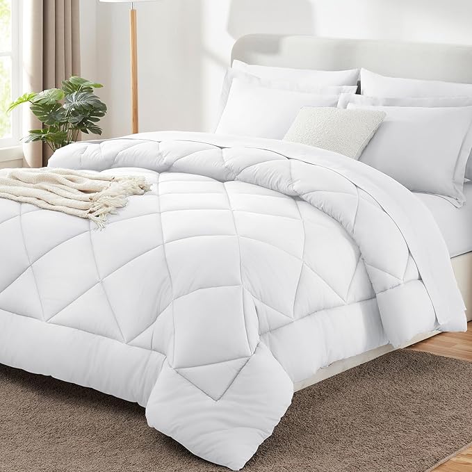 CozyLux Queen Comforter Set White - Bed in a Bag Queen Size 7 Pieces, Luxury Soft Bed Set for All Seasons, Bedding Set with Down Alternative Comforter, Sheets, Pillowcases & Shams