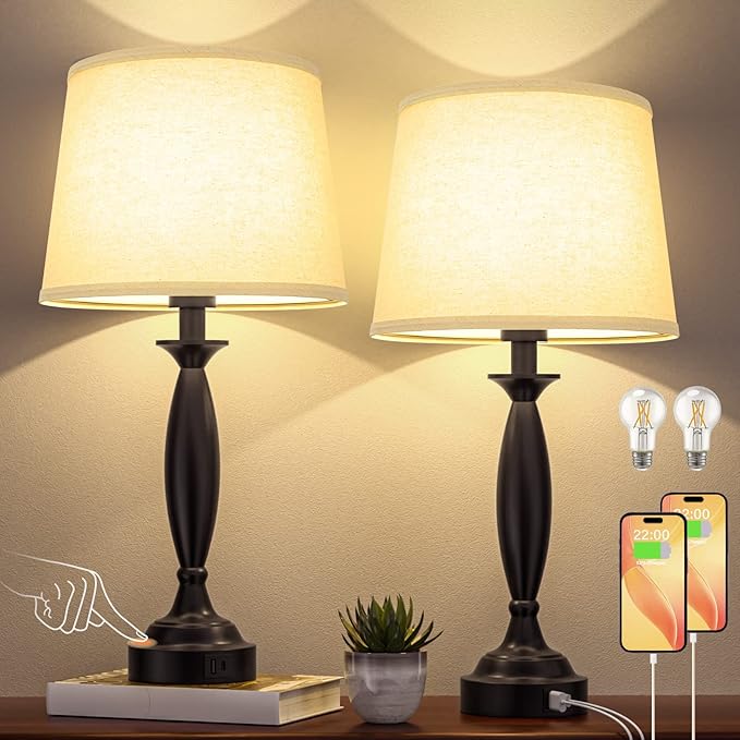 Beige Lamps for Bedrooms Set of 2 - Touch Control Bedside Lamp with USB C+A, 3 Way Dimmable Nightstand Lamps with USB Port, Table Lamp for Living Room(Beige Shade and Black Base)