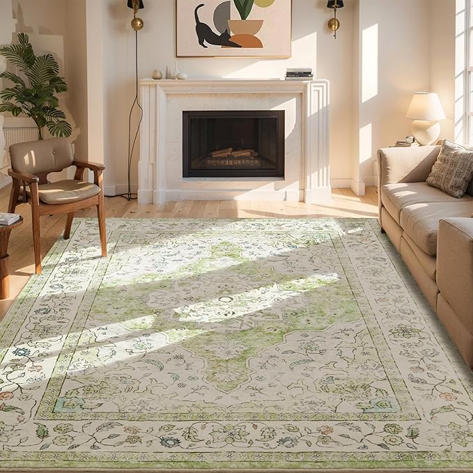 Topllen Washable Area Rug - 5'x7' Boho Living Room Rug, Non-Slip Soft Rugs Indoor for Bedroom Dining Room Office, Vintage Throw Large Carpet Stain Resistance (Green, 5x7ft)