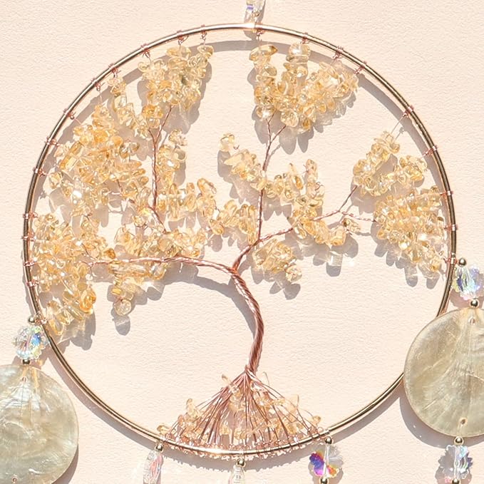 Pretty Jolly Gold Tree of Life Dream Catcher Wall Decor with Citrine Crystals Unique Capiz Wind Chimes Soothing Sound Waterfall Handmade Wall Hanging Home Decor for Bedroom Wedding Party Wish Gift