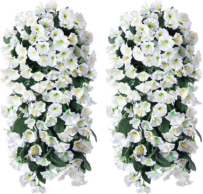 Artificial Faux Hanging Plants Flowers for Outdoor Outside, 2 PCS Fake Silk White Morning Glory Long Vines UV Resistant Look Real for Home Porch Patio Balcony Planter Decoration