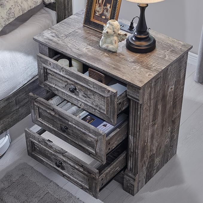 26" Tall Nightstand with Charging Station, Farmhouse 23.6" Wide Large End Table w/Roman Column, Wood Rustic Side Table w/Metal Handle, 3 Drawers Dresser for Bedroom, Living Room, Light Grey