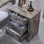 26" Tall Nightstand with Charging Station, Farmhouse 23.6" Wide Large End Table w/Roman Column, Wood Rustic Side Table w/Metal Handle, 3 Drawers Dresser for Bedroom, Living Room, Light Grey