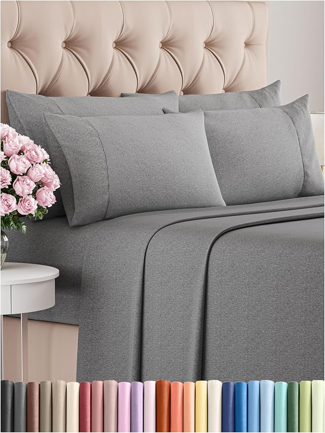 Full Sheets Set 6 Piece - Includes 4 Pillowcases - Bed Sheets Full Size - Soft Hotel Luxury Bedding - Cooling, Comfy & Breathable - 1 Flat & 1 Fitted & 4 Pillowcases w/ Deep Pockets - Heathered Grey