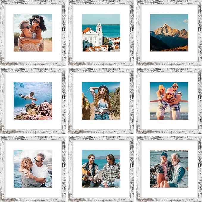 Vittanly 12x12 Picture Frames Set of 9, Shatter Resistant Plexiglass, Display 8x8 Pictures with Mat or 12x12 without Mat, Photo Frames for Wall Mount, Engineered Wood, Distressed White