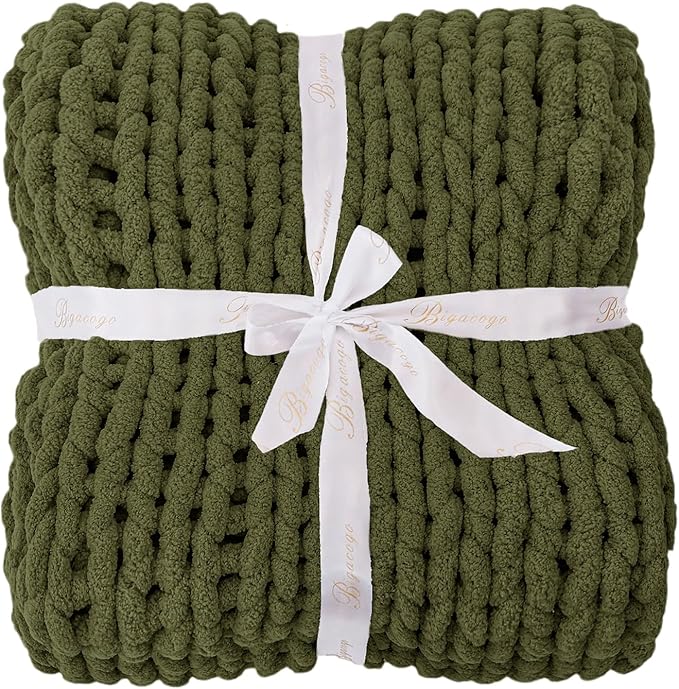 Bigacogo Chunky Knit Throw Blanket for Couch, 51x63 inches, 100% Hand Knitted with Thick Jumbo Chenille Yarn, Cozy Soft Large Rope Knot Cable Crochet Blankets for Sofa Bed Living Room, Yellow Green