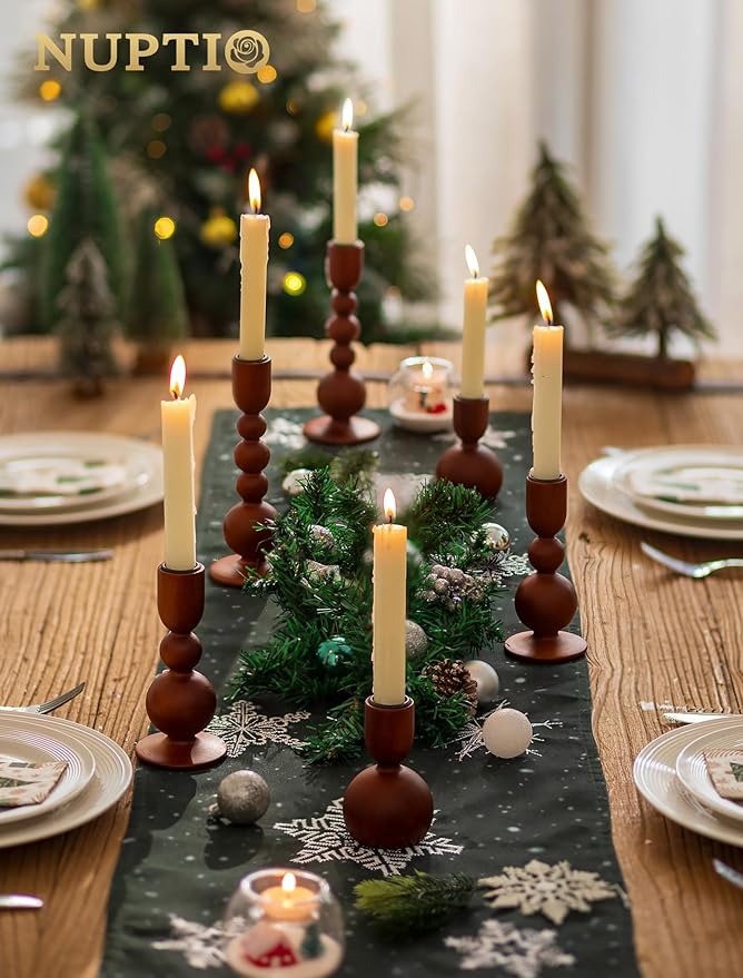 NUPTIO Candlestick Holders for Home Decor: Set of 3 Wood Taper Candle Holders for Thanksgiving Table Centerpieces - Mid Century Modern Caramel