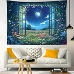 LB Wildflower Moon Tapestry, Window Forest Plant Green Leaf and Garden Colorful Floral Wall Tapestry for Bedroom, Night Sky Wall Art for Living Room Dorm Home Decor Ready to Hanging, 60 x 40 Inches