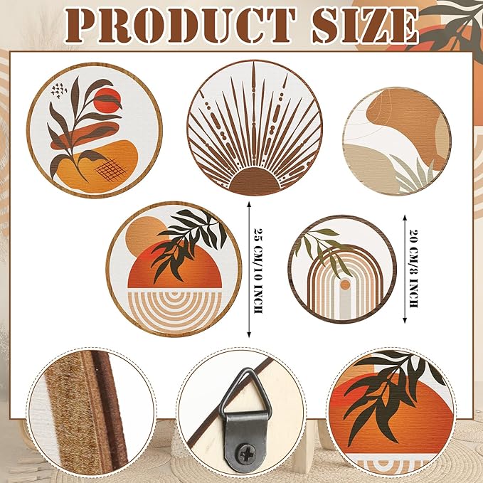 Qunclay 5 Pcs Wall Art Decor Wooden Living Room Wall Decor Bohemian Hanging Farmhouse Geometric 10'' and 8'' Aesthetic Wood Minimalist Posters for Bedroom(Boho)