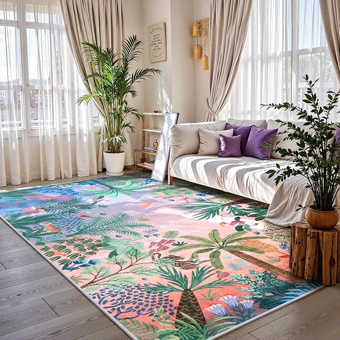 LIVEBOX Machine Washable Area Rugs 8x10 Lavender Girls Bedroom Rug, Soft Ultra-Thin Nursery Girl Carpet for Living Room, Jungle Purple Rugs for Girls Room, Lilac Rug for Nursery Room