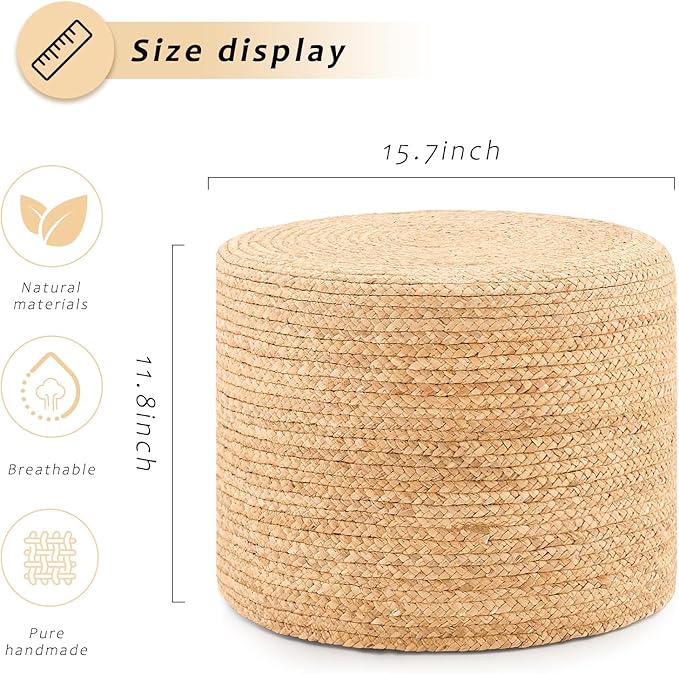 Handwoven Water Hyacinth Ottoman Pouf, Round Outdoor Footstool with Sturdy Frame, No Assembly Needed, Boho Accent Stool for Indoor & Outdoor Use – Patio, Balcony, Living Room (Natural)