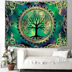Delur Tree of Life Tapestry Green Nature Bohemian Mandala Spiritual Tapestry Wall Hanging Mystical Landscape Hippie Psychedelic Headboard for Bedroom Living Room Home Decor (51.2" x 59.1")