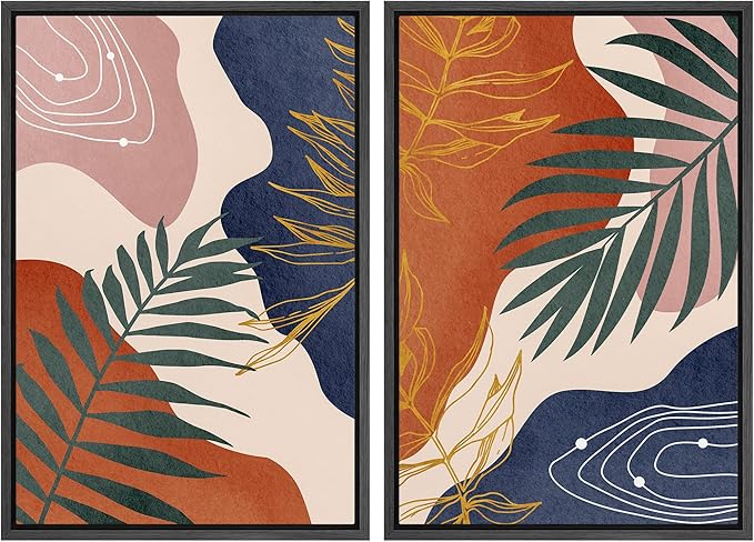 SIGNFORD Framed Canvas Print Wall Art Set Retro Mid-Century Geometric Forest Plants Abstract Shapes Illustrations Modern Art Decorative Bohemian for Living Room, Bedroom, Office - 16"x24"x2 Black