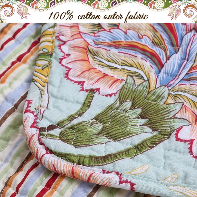 Cozy Line Home Fashions Blooming Red White Floral 100% Cotton Reversible Quilt Bedding Set, Coverlet Bedspread (Camellia Green, Queen - 3 Piece)