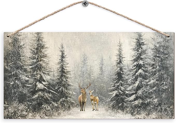 Winter Pine Tree Deer Wooden Sign, 12x6 inches, Rustic Wall Decor for Home, Office or Gifting