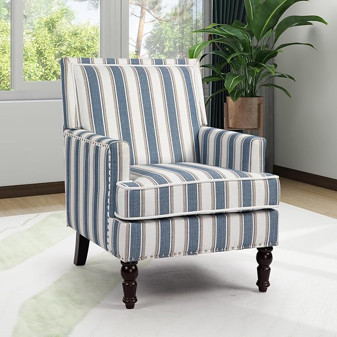 Accent Chair, Modern Comfy Mid-Century Accent Chairs，Linen Upholstered Lounge Arm Chair with Solid Wood Reading Side Padded Single Sofa for Living Room/Office/Balcony/Bedroom-Blue Stripe