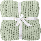 Bigacogo Chunky Knit Throw Blanket for Couch, 40x60 inches, 100% Hand Knitted with Thick Jumbo Chenille Yarn, Cozy Soft Large Rope Knot Cable Crochet Blankets for Sofa Bed Living Room, Sage Green