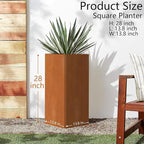 Modern Cor Ten Steel Planter – 28” Tall Planters with Removable Insert Shelf | Heavy-Duty Rust-Resistant Metal Planter Box for Patio, Porch & Garden (14x14x28in)