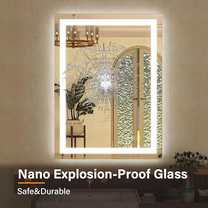 GLSLAND LED Bathroom Mirror - 26"x38" Anti-Fog Lighted Wall Mirrors with Memory Function, Dimmable, Frontlit & Backlit, Horizontally/Vertically, Tempered Glass