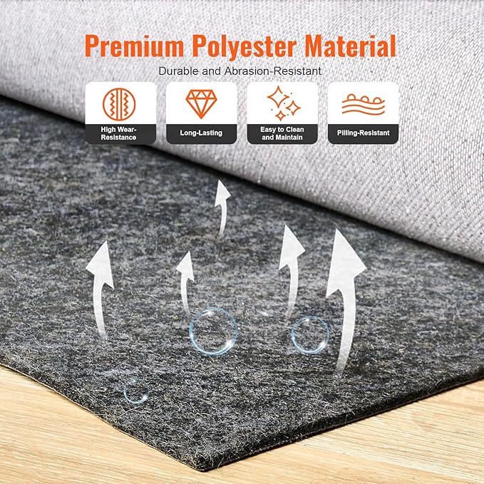 VEVOR Rug Pad Without Slip Resistance, Protective Cushioning Carpet Pad 9' x 12', 1/2" Thick, 100% Pure Polyester Felt, 10-11㎡ Premium Comfort Underfoot Carpet Padding Rug Cushion for All Floor, Gray