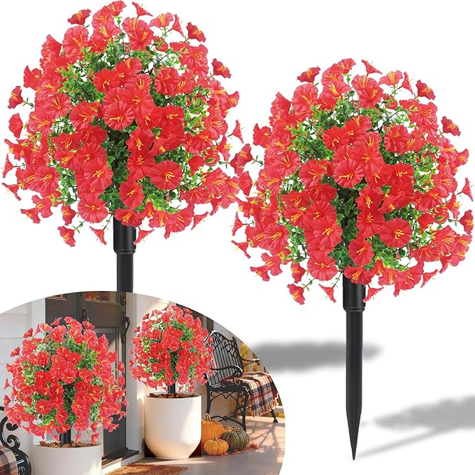 22.8" Set of 2 Fall artificial Boxwood topiary Ball tree for outdoors with Spike,UV Resistant Faux Shrubs Outdoor with morning glory flowers,Faux Plants Bushes for Garden Porch Yard Patio Decor(Red)