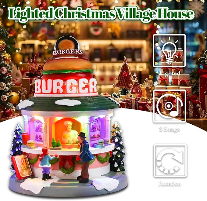 Vigdur Christmas Village Houses - Animated Hamburger Shop with LED Lighted and 8 Xmas Songs, Christmas Animation Village Indoor Holiday Tabletop Decorations for Home Tabletop Gift