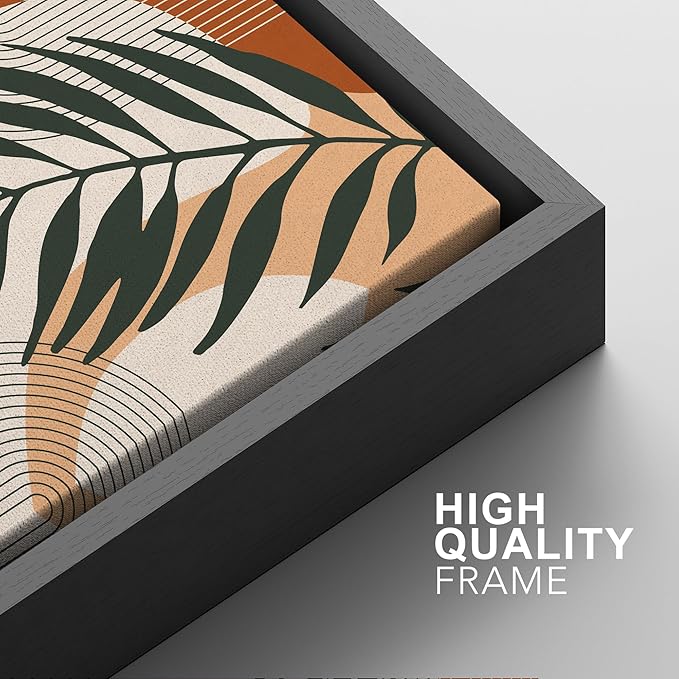 SIGNFORD Framed Canvas Print Wall Art Mid-Century Palm Leaf and Geometry Symbols Abstract Shapes Illustrations Modern Boho Nature Colorful Chic for Living Room, Bedroom, Office - 24"x36"x2 Black