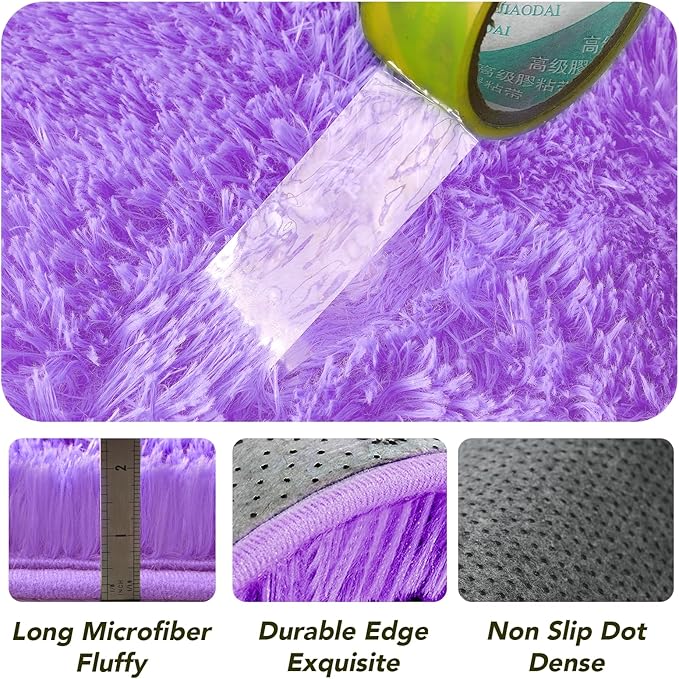 CAIYUECS Purple Round Fluffy Rug for Bedroom: Circle Rugs for Kids Room- Plush Shag Area Rug for Girls- Fuzzy Soft Bedroom Rug, Cute Room Decor, Purple