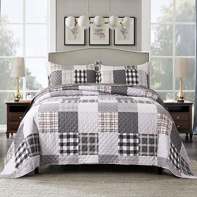 Travan Quilt Set 3-Piece Oversized Quilted Bedspread Coverlet Set Grey European British Grid Patchwork Bedding Set, King Size