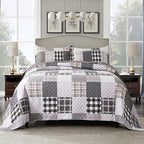 Travan Quilt Set 3-Piece Oversized Quilted Bedspread Coverlet Set Grey European British Grid Patchwork Bedding Set, King Size
