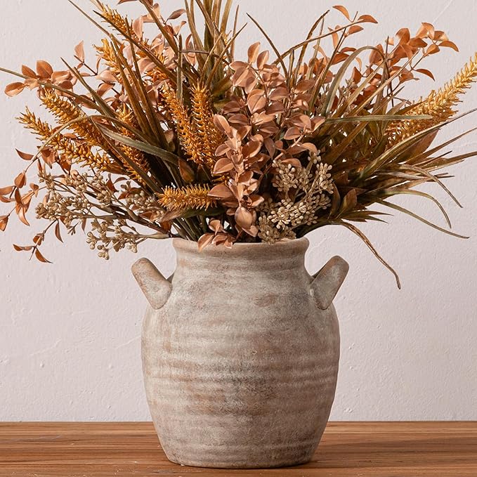 Ceramic Flower Vase Home Decor - Farmhouse Table Vases with Handle Living Room Decoration Vintage Decorative Aesthetic for Shelf Coffee Dining Desk House Bookshelf Fireplace (7.1" Retro)